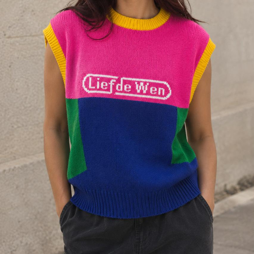 Electric Slide Pullover, colour-block knit vest in hot pink, royal blue and forest green with yellow trim